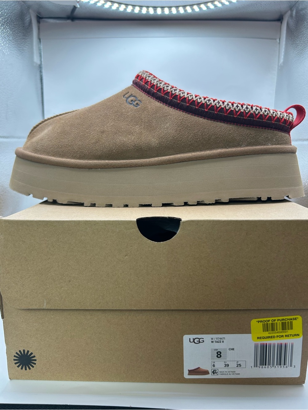 UGG Platform Chestnut Suede Tazz II Slippers, Like New with Box, Sz 8